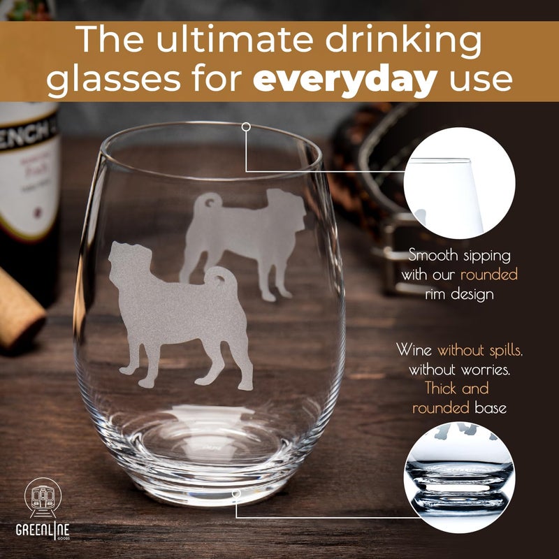 Greenline Goods Pug Stemless Wine Glasses (Set of 2) - Unique Gift for Dog Lovers - Hand Etched with Breed Name on Bottom - Image 4